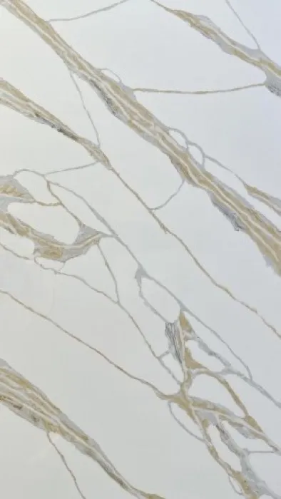 Calacatta-style quartz slab with gold veining