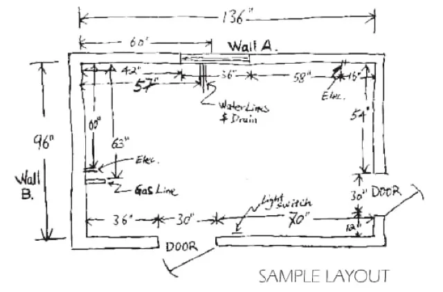 Example kitchen floor plan diagram with measurements