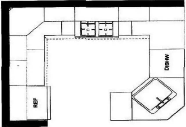 Floor plan diagram of a G-shape kitchen layout