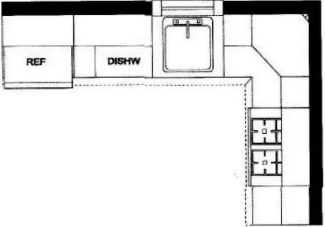 Floor plan diagram of an L-shape kitchen layout