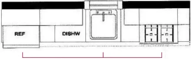 Floor plan diagram of a straight kitchen layout